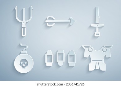 Setze Kugel, Dagger, Bombe bereit zu explodieren, Körperpanzer, Arrow und Neptun Trident Icon. Vektorgrafik