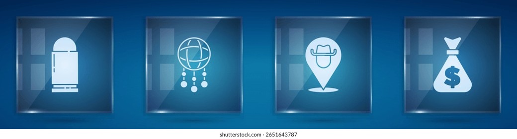 Set Bullet, Dream catcher with feathers, Location cowboy and Money bag. Square glass panels. Vector