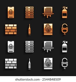 Set Bullet, Fire extinguisher, Lock and key, Fingerprint, Bricks, Paper shredder, Mobile with closed padlock and Server, Data, Web Hosting icon. Vector