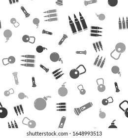 Set Bullet , Flashlight , Kettlebell  and Bomb ready to explode  on seamless pattern. Vector
