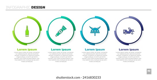 Poner una bala, una linterna, Viking con casco con cuernos y un jeep militar. Plantilla de infografía empresarial. Vector