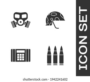 Poner Bullet, máscara de gas, bomba dinamita e icono del casco militar. Vector