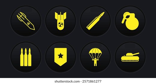 Set Bullet, Hand grenade, Chevron, Parachute, Nuclear bomb, Military tank and Biohazard rocket icon. Vector