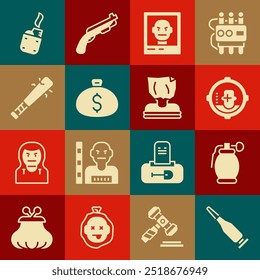 Set Bullet, Hand grenade, Headshot, Wanted poster, Money bag, Baseball bat with nails, Lighter and Kidnaping icon. Vector