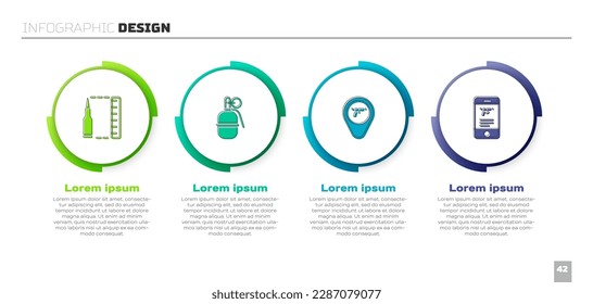 Set Bullet, Hand Grenade, Ubicación con arma y Tienda en aplicación móvil. Plantilla de infografía empresarial. Vector