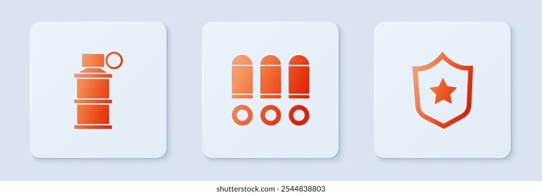 Conjunto de bala, granada de humo de mano y medalla de recompensa militar. Botón cuadrado blanco. Vector