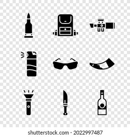 Set Bullet, Hiking backpack, Sniper optical sight, Flashlight, Hunter knife, Bottle of vodka, Pepper spray and Glasses icon. Vector