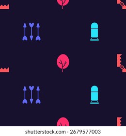 Establecer bala, flechas Hipster, árbol y trampa de caza en el patrón sin fisuras. Vector