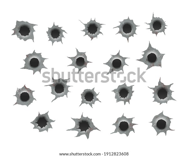 Set of bullet holes. Damage and cracks on\
surface from bullet. Different damaged element from bullet on\
metallic surface.