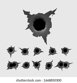 Set of Bullet Holes. different damaged element from bullet on metallic surface. vector illustration