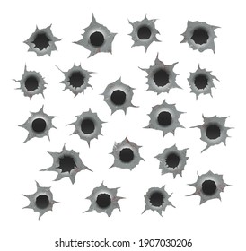 Set of bullet holes. Different damaged element from bullet on metallic surface. vector illustration. Damage and cracks on surface from bullet.