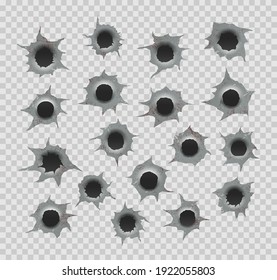 Juego de agujeros de bala. Diferente elemento dañado de la bala en la superficie metálica. ilustración vectorial. Daños y grietas en la superficie por bala.