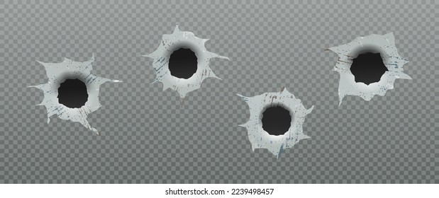 Juego de agujeros de bala. Diferente elemento dañado de la bala en la superficie metálica. ilustración vectorial. Daños y grietas en la superficie por bala.