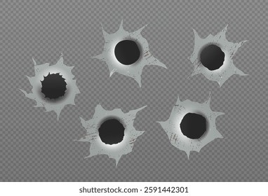 Set of bullet holes. Different damaged element from bullet on metallic surface. vector illustration.