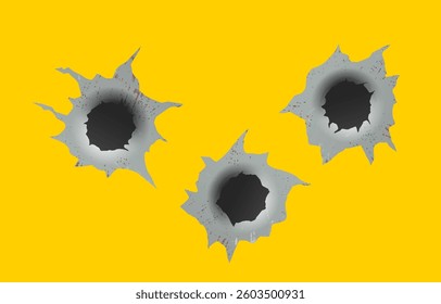 Set of bullet holes. Different damaged element from bullet on metallic surface. vector illustration. Damage and cracks on surface from bullet.