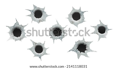 Set of bullet holes. Different damaged element from bullet on metallic surface. vector illustration. Damage and cracks on surface from bullet.