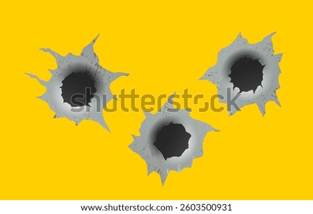 Set of bullet holes. Different damaged element from bullet on metallic surface. vector illustration. Damage and cracks on surface from bullet.