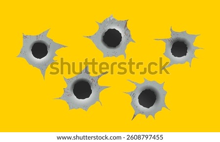 Set of bullet holes. Different damaged element from bullet on metallic surface. vector illustration. Damage and cracks on surface from bullet.