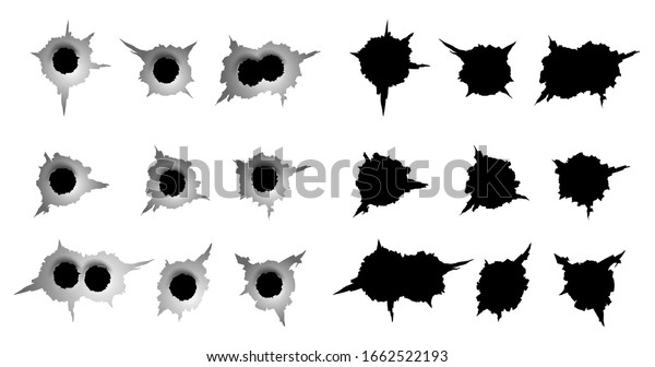 set of bullet holes.\
different damaged element from bullet on metallic surface. vector\
illustration