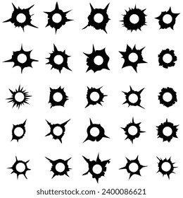 Set of bullet holes illustration. Black gunshot holes silhouettes 