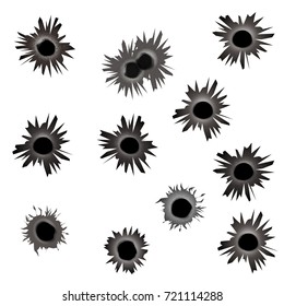 Set of bullet holes. Isolated on white background. Vector illustration