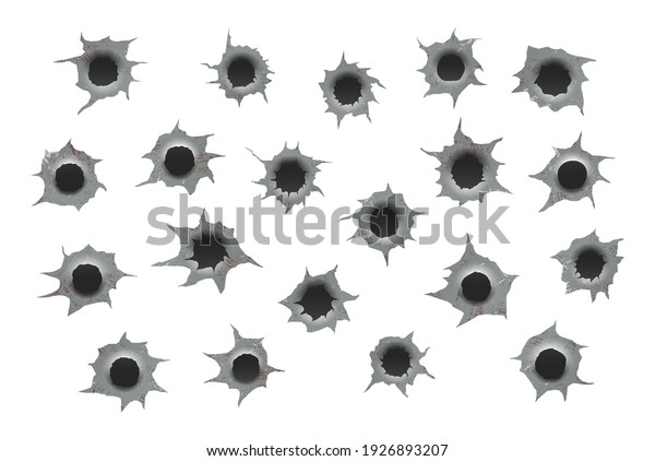 Set\
of bullet holes. Ragged hole in metal from\
bullets.