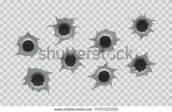 Set
of bullet holes. Ragged hole in metal from
bullets.