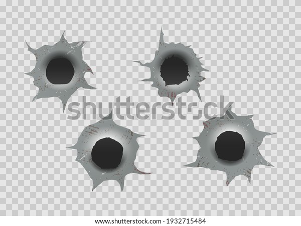 Set\
of bullet holes. Ragged hole in metal from\
bullets.