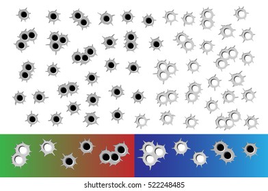 Set bullet holes, target shooting, isolated vector illustration