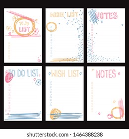 Set of bullet journal checklist blanks (to do list, wish list, notes). Six colorful doodle templates with abstract elements for notebook, diary and planners. White isolated background.