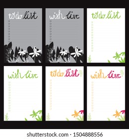 Set of bullet journal checklist blanks (to do list, wish list, notes). Six colorful doodle templates with jungle leaves for notebook, diary and planners. White, yellow, pink background.