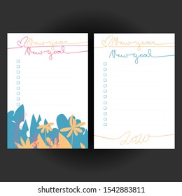 Set of bullet journal checklist blanks (New Year New Goal). Two colorful doodle templates with jungle leaves, flowers, checkbox for 2020 year notebook, diary and planners. White isolated background.