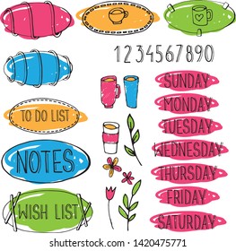 Set of bullet journal colorful hand drawing elements, titles, numbers on white isolated background. Doodle style frames, week days, cups, leaves for notebooks, diary and planners.