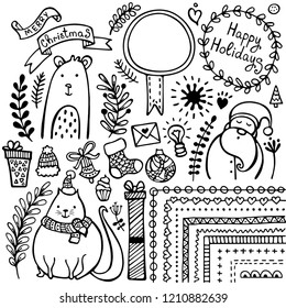 Set of Bullet journal cute hand-drawn Christmas, New Year’s and winter’s doodle elements isolated on white background.