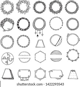 Set of bullet journal hand drawing frames on white isolated background. Doodle style frames, wreaths for notebooks, diary and planners.