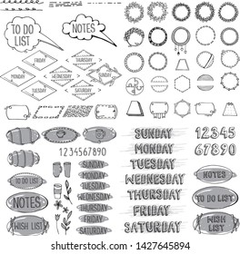 Set of bullet journal hand drawing elements, titles, numbers on white isolated background. Doodle style frames, week days, cups, leaves, frames, wreath for notebooks, diary and planners. Black line.