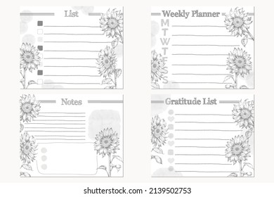 set of bullet journal template designs with hand drawn illustration of sunflowers