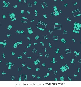 Set Bullet, Knife holster, Small gun revolver and Hunting shop weapon on seamless pattern. Vector