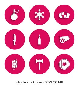 Set Bullet, Medieval axe, Round wooden shield, Cannon, dynamite stick and timer clock, Military knife, Shield and Hand grenade icon. Vector