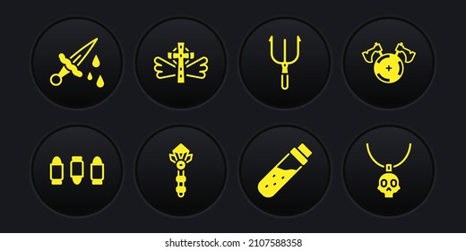 Set Bullet, Medieval Shield With Axe, Magic Wand, Bottle Potion, Neptune Trident, Christian Cross, Necklace Amulet And Sword Blood Icon. Vector