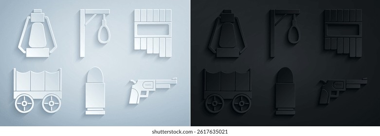 Set Bullet, Pan flute, Wild west covered wagon, Revolver gun, Gallows and Camping lantern icon. Vector