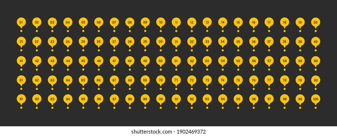 Set bullet point from 1 to 100 sign. Vector flat illustration. Yellow markers with numbers for infographic design or presentation on black background.