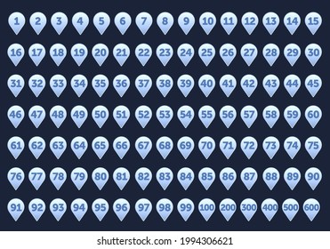 Set bullet point from 1 to 100 sign. Blue markers with numbers for infographic design or presentation on black background, Pins pointer, Vector flat illustration EPS10.
