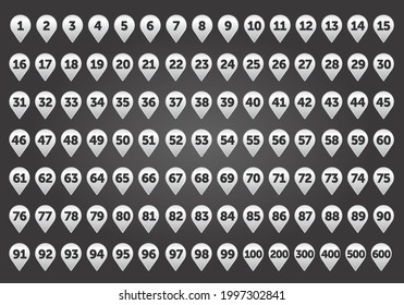 Set bullet point from 1 to 100 sign. silver color markers with numbers for infographic design or presentation on black background, Pins pointer, Vector flat illustration EPS10.