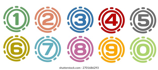 Conjunto de elementos de design de marcador de números de 0 a 9. Coleção de desenhos coloridos marcadores numéricos. Ilustração vetorial.