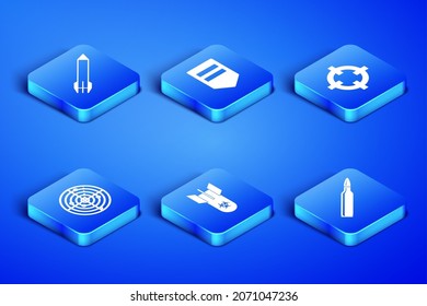 Set Bullet, Rocket, Biohazard bomb, Radar with targets, Chevron and Target sport icon. Vector