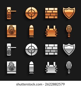 Set Bullet, Escudo, Chave do carro com controle remoto, Colete à prova de balas, Impressão Digital, Tijolos, Alça da porta e ícone de esporte alvo. Vetor