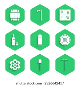 Setzer, Schaufel, Pickaxe, Altes Holzrad, Revolver-Zylinder, Whiskey-Flasche und Glas, Schatzkarte und Holzfass-Ikone. Vektorgrafik