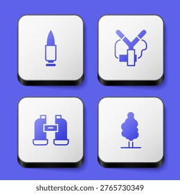 Set Bullet, Slingshot, Binoculars and Tree icon. White square button. Vector