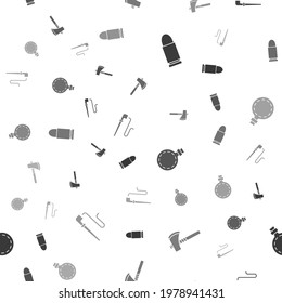 Set Bullet, Tomahawk axe, Canteen water bottle and Smoking pipe on seamless pattern. Vector